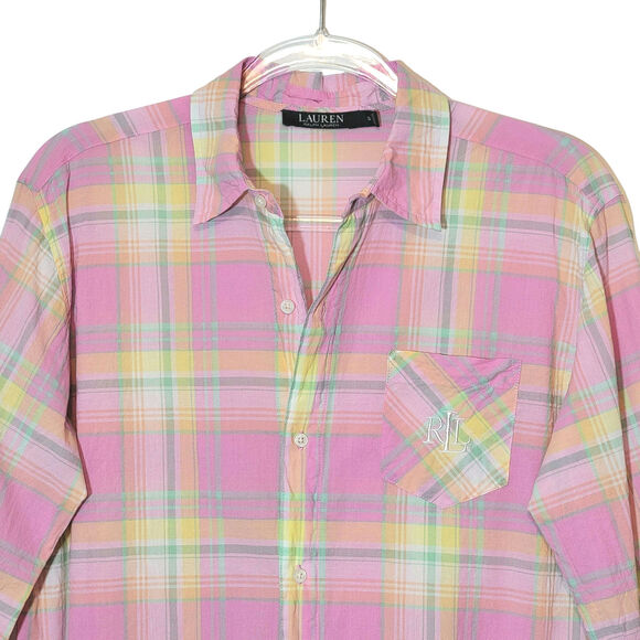 Ralph Lauren Pink and Yellow Plaid Shirt Button Down Tunic Casual Classic Size S - Picture 2 of 13
